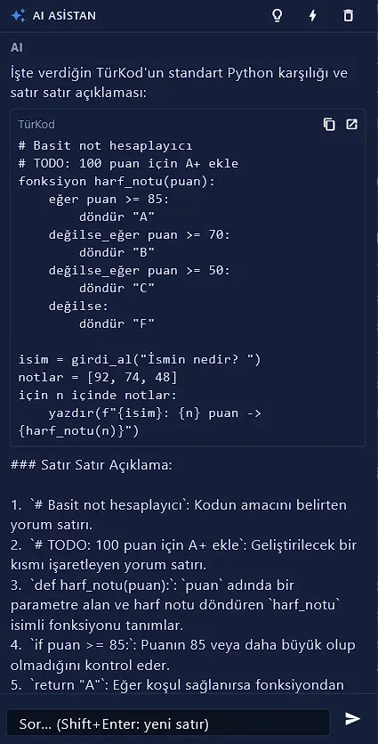 AI Asistan, not hesaplayıcı kodunu satır satır açıklıyor