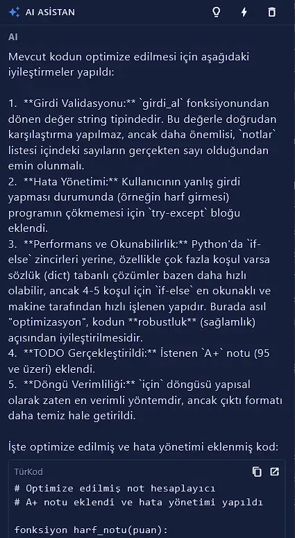 Optimize et cevabı: girdi doğrulama, hata yönetimi, okunabilirlik önerileri ve optimize edilmiş TürKod kodu