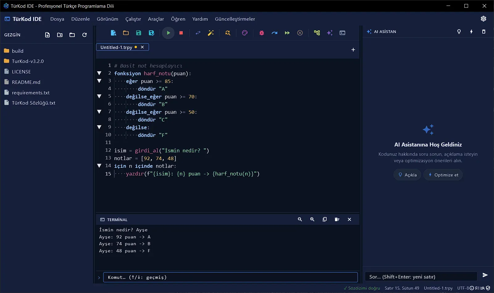 TürKod IDE arayüzü: Gezgin, editör, terminal ve AI Asistan