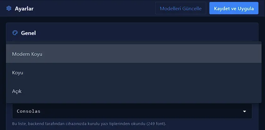 Tema açılır listesi: Modern Koyu, Koyu, Açık