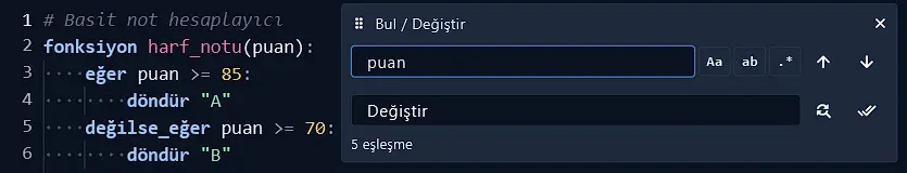 Bul / Değiştir kutusu: 'puan' araması 5 eşleşme buldu