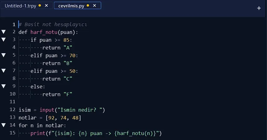 Not hesaplayıcı kodunun Python'a çevrilmiş hali yeni cevrilmis.py sekmesinde