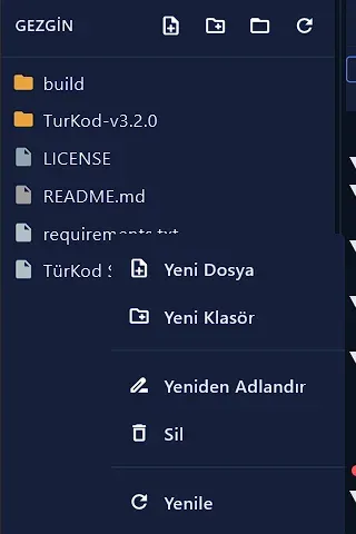 Gezgin panelinde sağ tık menüsü: Yeni Dosya, Yeni Klasör, Yeniden Adlandır, Sil, Yenile