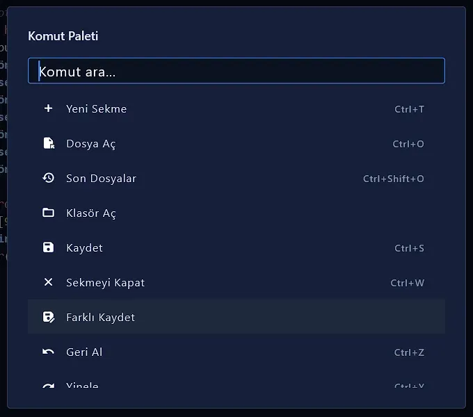 Komut Paleti: Komut ara kutusu ve komut listesi