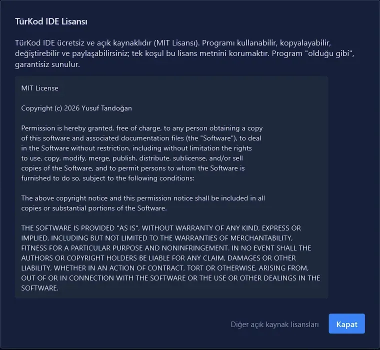 TürKod IDE Lisansı penceresi: MIT lisans metni