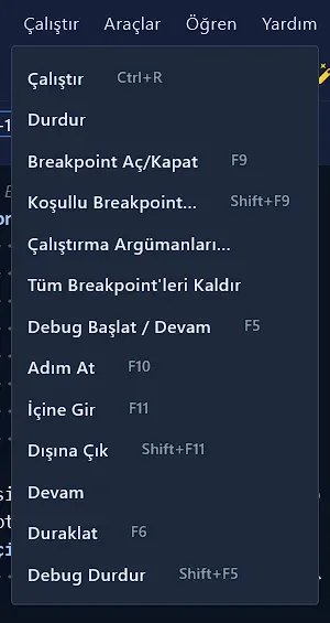 Çalıştır menüsü: Çalıştır, Durdur, Breakpoint, Koşullu Breakpoint, Çalıştırma Argümanları, Debug komutları