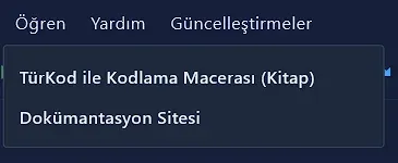 Öğren menüsü: TürKod ile Kodlama Macerası (Kitap) ve Dokümantasyon Sitesi