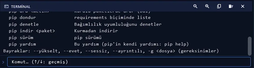 Terminalde 'pip' yazınca çıkan Türkçe pip komutları yardımı
